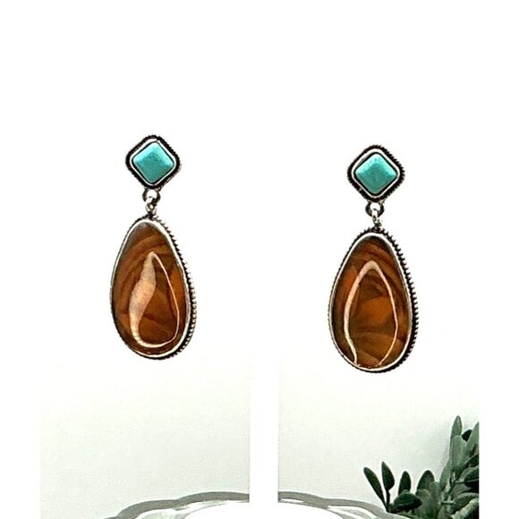 Drop Earrings With Brown Floral Swirl Teardrop & Turquoise Color Square Stones - Picture 7 of 8
